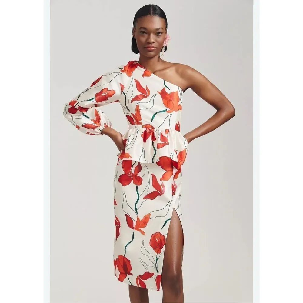 Anthropologie Hutch One-Shoulder Peplum Dress Size 0 Floral Red and White